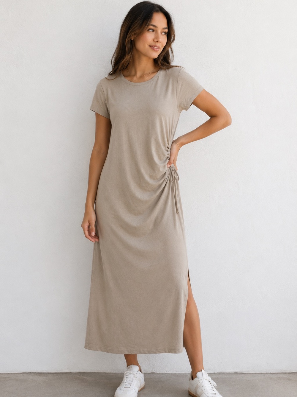 Theory Beige Side Ruched Midi Maxi Dress XL Side Slit Short Sleeve TShirt Cotton